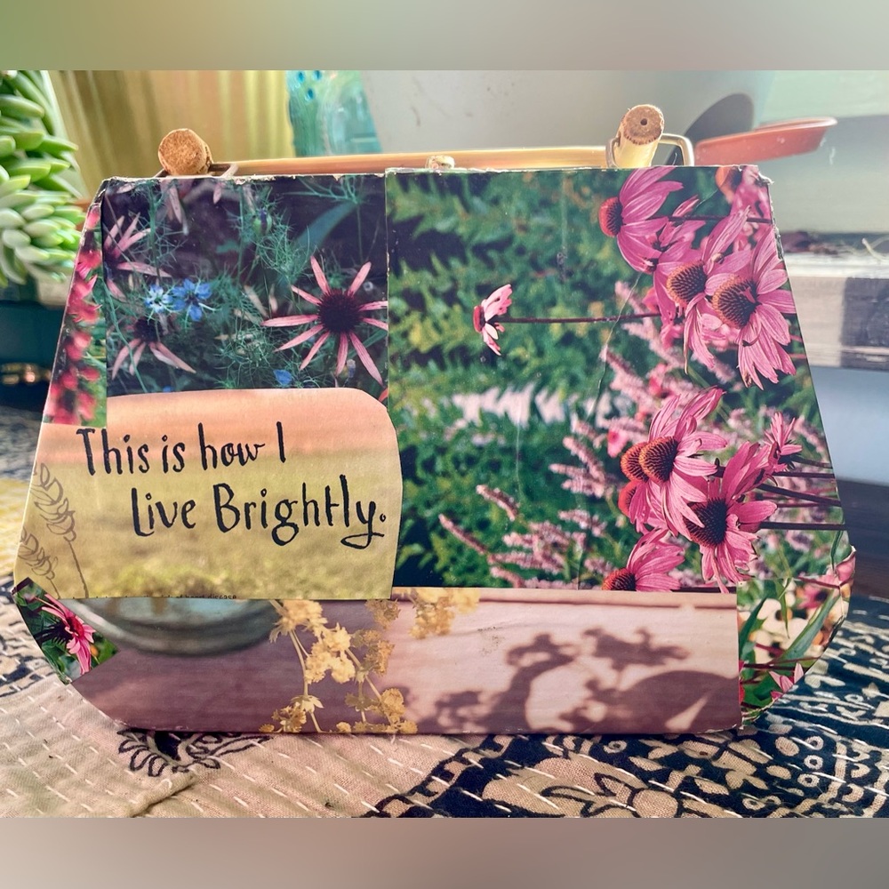 Local Artist "Live Brightly" Decoupage Wood Hand Bag
